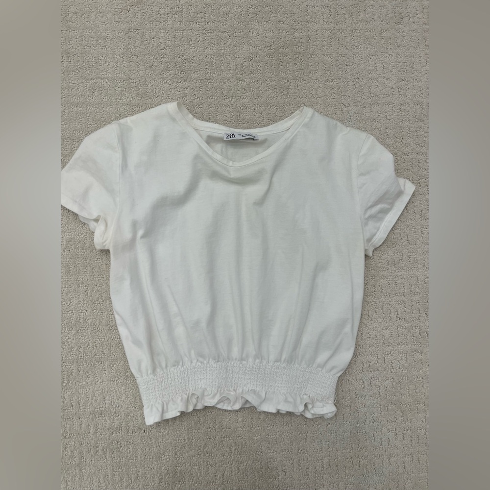 Zara White Short Sleeve Cropped Elastic Waist T-Shirt Top